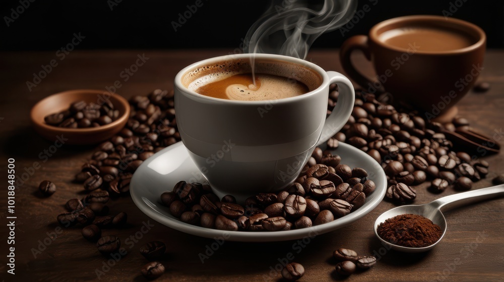 Coffee, Cup, Steam, Coffee Beans, Boiling Water, Plate, Spoon Coffee, Cup, Steam, Coffee Beans, Boiling Water, Plate, Spoon