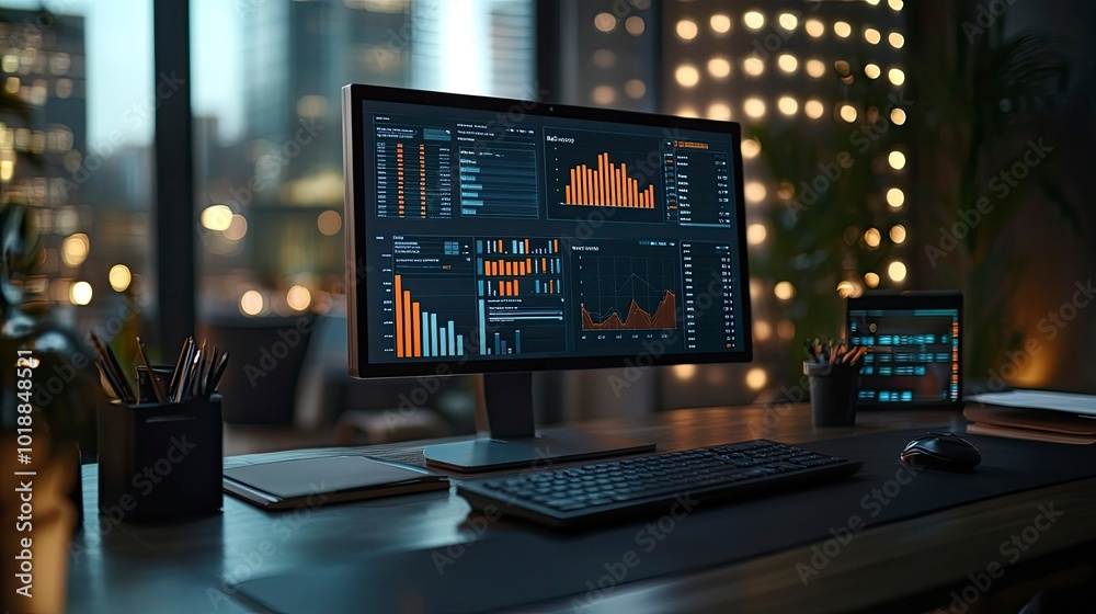 A modern office space with a computer screen displaying business loan approvals and graphs, with neatly arranged files A modern office space with a computer screen displaying business loan approvals and graphs, with neatly arranged files