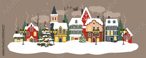 Flat houses are insulated from each other. Winter streets covered with snow. Concept. Christmas. Roofs covered with snow. Vector illustration