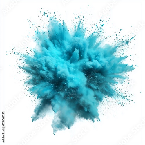 Bright cyan blue holi paint color powder festival explosion burst isolated white background.