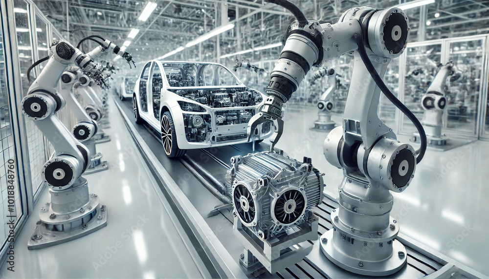 A robot is working on a car in a factory. The robot is in the middle of the car and is holding a part. The car is white and is being worked on by the robot A robot is working on a car in a factory. The robot is in the middle of the car and is holding a part. The car is white and is being worked on by the robot