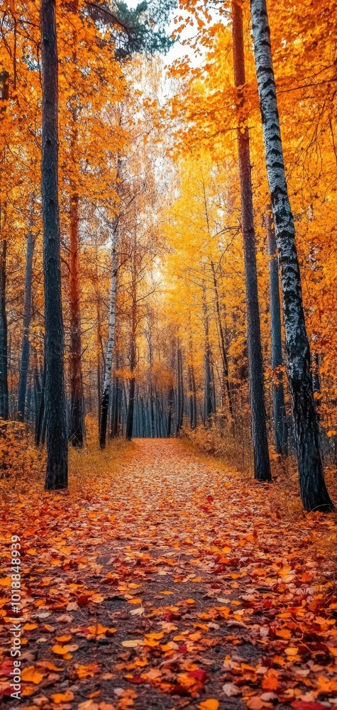 Obraz premium Explore a vibrant autumn forest path adorned with yellow and red trees, inviting fallen leaves on a sunny day