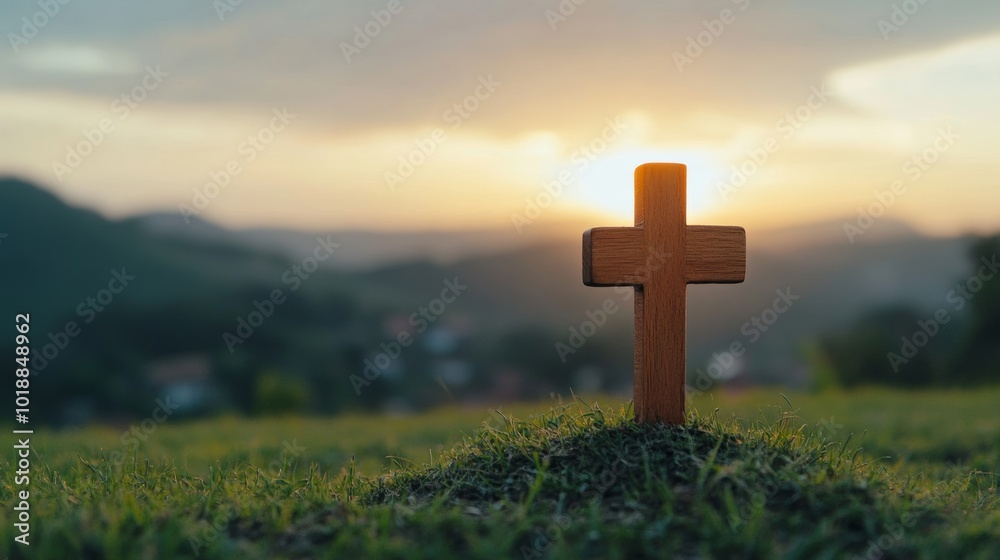 Simple wooden cross on a grassy hill at sunset, symbolizing sacrifice and redemption, Christian salvation theme Simple wooden cross on a grassy hill at sunset, symbolizing sacrifice and redemption, Christian salvation theme