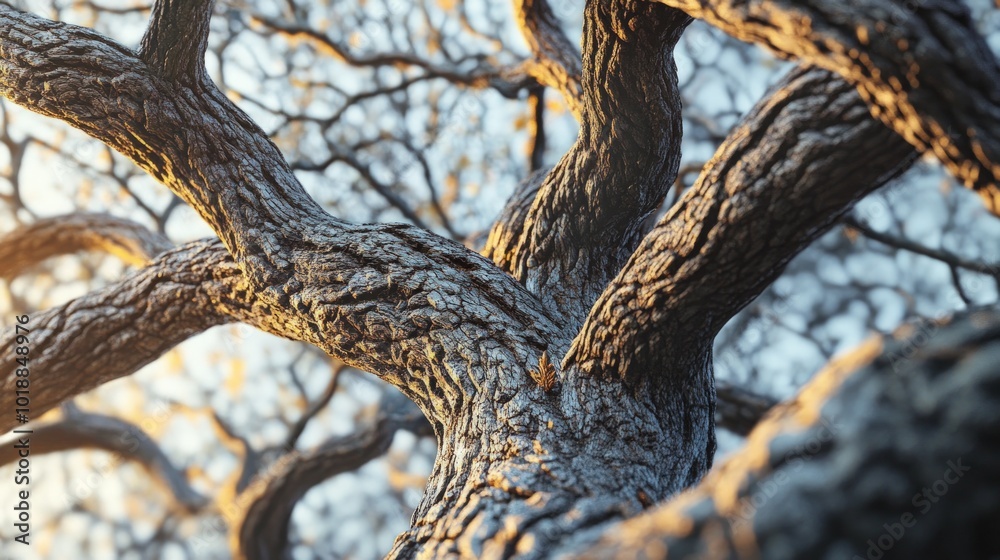 Close-up of the gnarled branches of an old tree, with sunlight shining through the leaves. Close-up of the gnarled branches of an old tree, with sunlight shining through the leaves.
