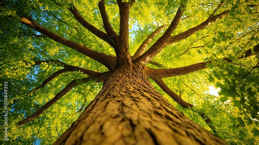 Naklejka premium Leafy Tree with Thick Branches View from Below, Forest, Nature, Photo Realistic, Wallpaper, Cover and Screen for Smartphone, PC, Laptop, 9:16 and 16:9 Format