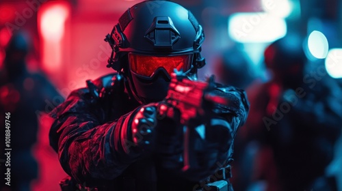 A tactical team member aims a weapon in a dramatic, colorful urban environment.