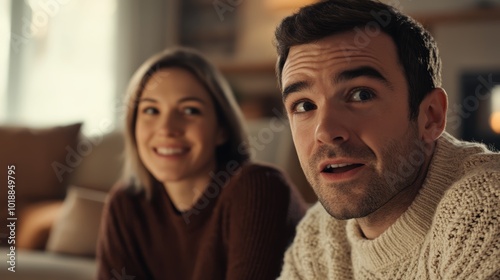 A happy couple enjoying quality time together at home, smiling and relaxed.