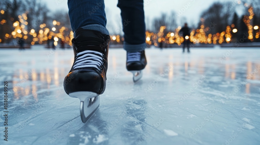 Obraz premium Snow-covered ice rink with families skating in the evening under twinkling holiday lights, festive winter fun 