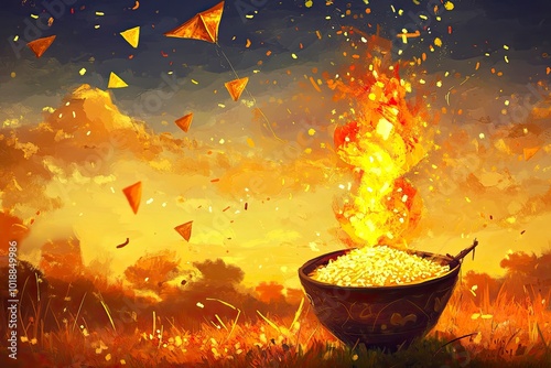 Flying kites in the sky for Makar Sankranti.A warm, inviting bonfire for Lohri.A Pongal pot with rice overflowing, representing the Pongal festival. generative ai photo