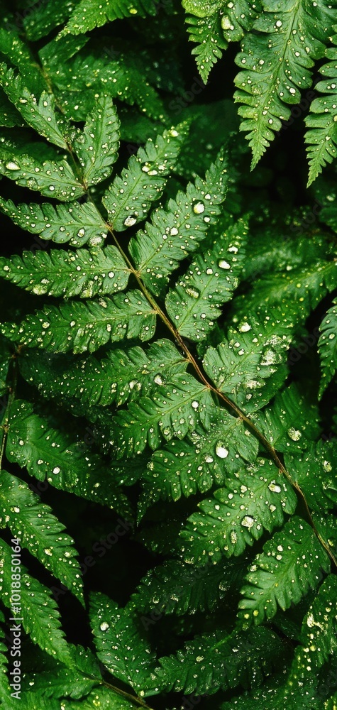 Obraz premium Close-up of dew-kissed fern leaves in the morning light, showcasing vibrant dark green tones and glossy texture