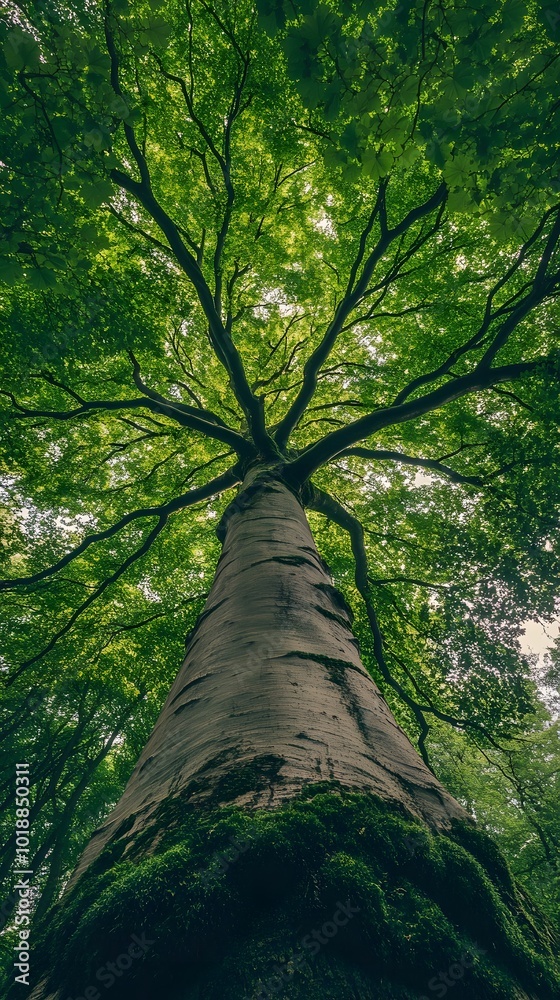 Fototapeta premium Leafy Tree with Thick Branches View from Below, Forest, Nature, Photo Realistic, Wallpaper, Cover and Screen for Smartphone, PC, Laptop, 9:16 and 16:9 Format