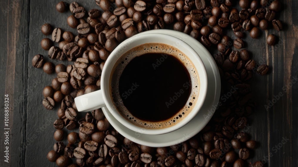 Fototapeta premium Coffee, Cup, Steam, Coffee Beans, Boiling Water, Plate, Spoon