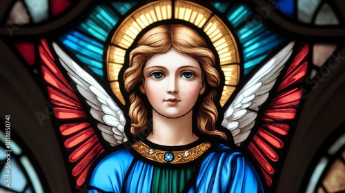 Stained glass window depicting an angel with vibrant blues, reds, and greens glowing in a church setting 