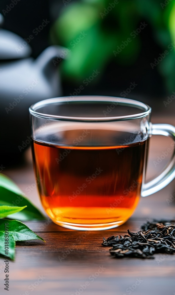 Steaming black tea in a glass cup on a wooden table, with a teapot and tea leaves scattered around, rustic tea vibe Steaming black tea in a glass cup on a wooden table, with a teapot and tea leaves scattered around, rustic tea vibe