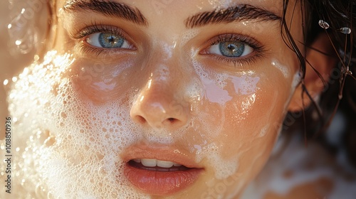 A close-up of a woman's face with bubbles, showcasing clear skin and striking blue eyes, evoking a fresh and clean beauty aesthetic.