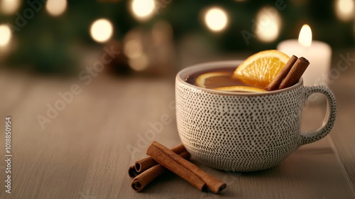 Steaming cup of glintwein with cinnamon sticks and orange slices, surrounded by warm candlelight and holiday decorations  photo