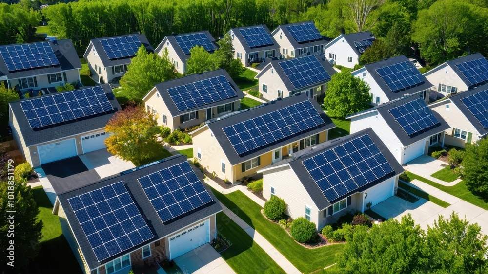 Eco-friendly suburban neighborhood with rows of houses featuring solar panels on their rooftops, showcasing sustainable energy solutions and green living in a modern community Eco-friendly suburban neighborhood with rows of houses featuring solar panels on their rooftops, showcasing sustainable energy solutions and green living in a modern community