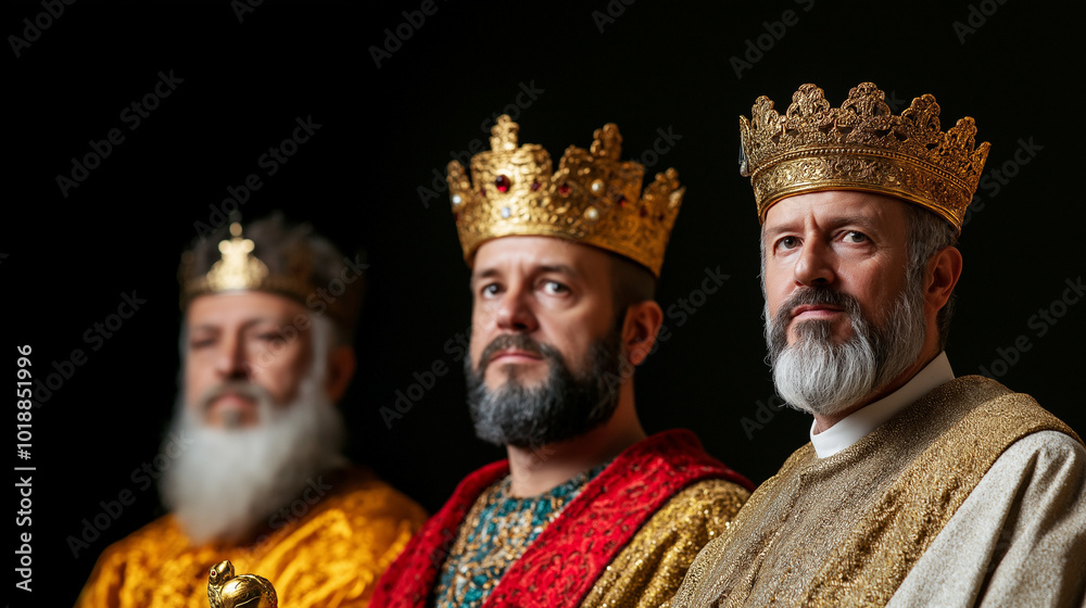 Fototapeta premium Three Kings in ornate robes, presenting gifts of gold, frankincense, and myrrh during a reenactment of the Feast of the 3 Kings 