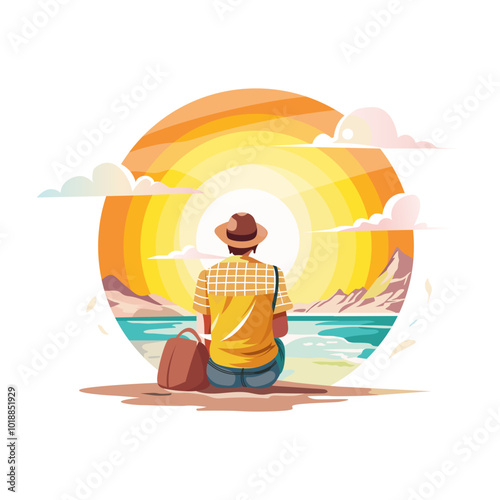 A flat illustration of a man enjoying sunset view