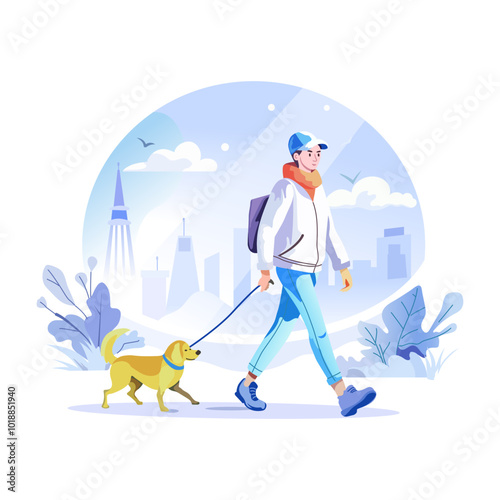 A young man doing a pet walk in winter, a flat style illustration 