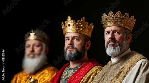 Three Kings in ornate robes, presenting gifts of gold, frankincense, and myrrh during a reenactment of the Feast of the 3 Kings 