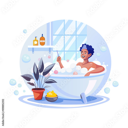 A man taking bath in a bathtub, a flat style illustration 