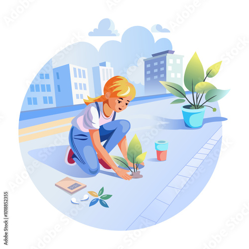 A woman planting plants on the roadside, a flat style illustration 