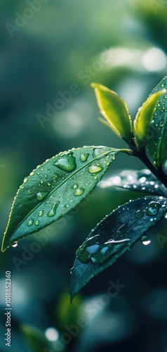 Green tea leaves glistening with dewdrops in a serene natural setting at dawn