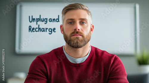 Unplug and Recharge written on a whiteboard, reminding employees to disconnect from work and avoid burnout 