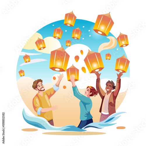 Releasing sky lanterns, a flat style illustration 