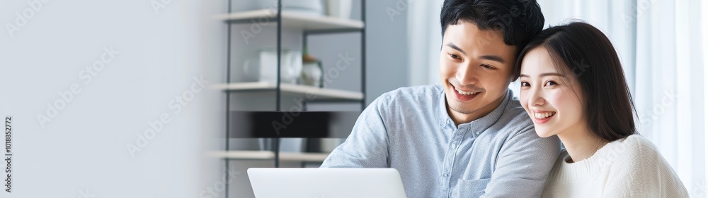 Smiling Asian couple enjoying their time together while working on a laptop. Smiling Asian couple enjoying their time together while working on a laptop.