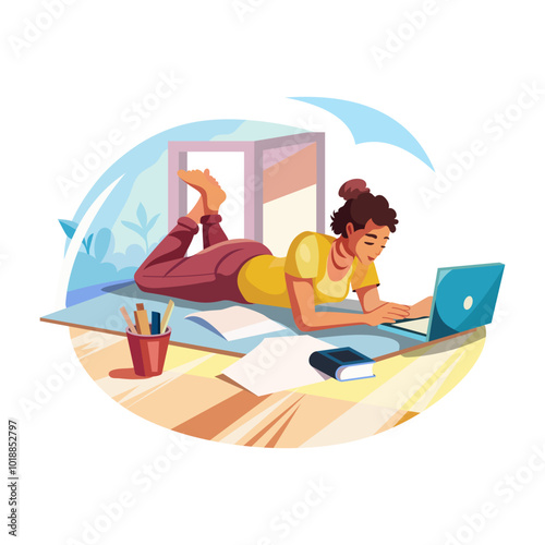 A woman browsing on laptop, a flat style illustration 