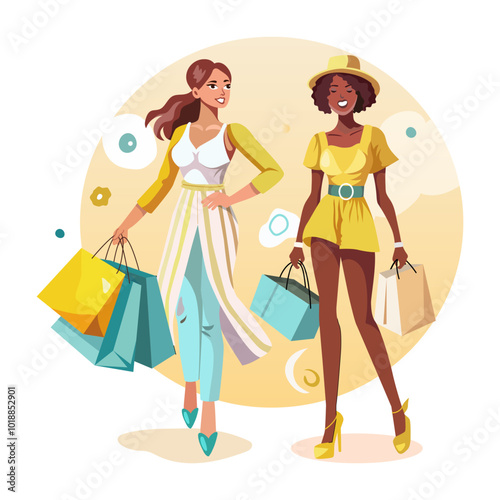 Women holding shopping bags, a flat style illustration 