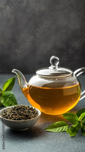 White tea brewing in a clear teapot next to a small bowl of tea leaves, creating a calm and meditative tea moment 