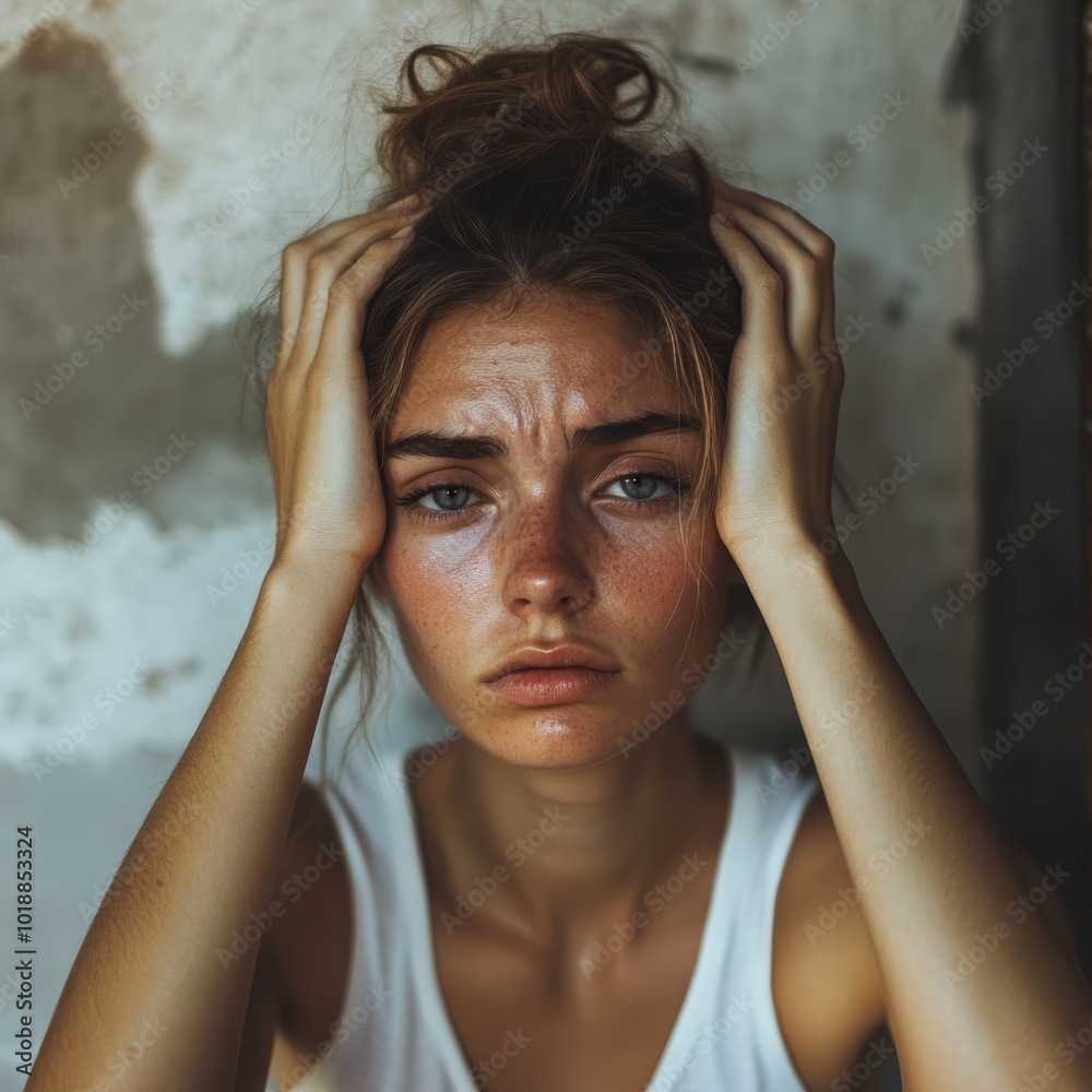 Stressed young woman expresses anxiety, featuring messy hair and natural beauty. Stressed young woman expresses anxiety, featuring messy hair and natural beauty.