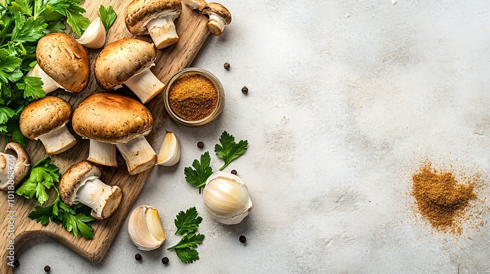 Fresh Mushrooms, Parsley, Garlic & Spices on a Wooden Cutting Board.