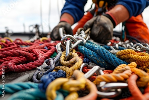 A worker organizes colorful ropes and chains on a boat deck under a cloudy sky during a busy afternoon