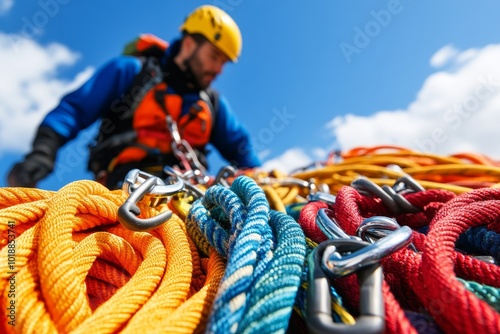 A climber prepares climbing gear with colorful ropes and carabiners against a clear blue sky in a mountainous area during daylight