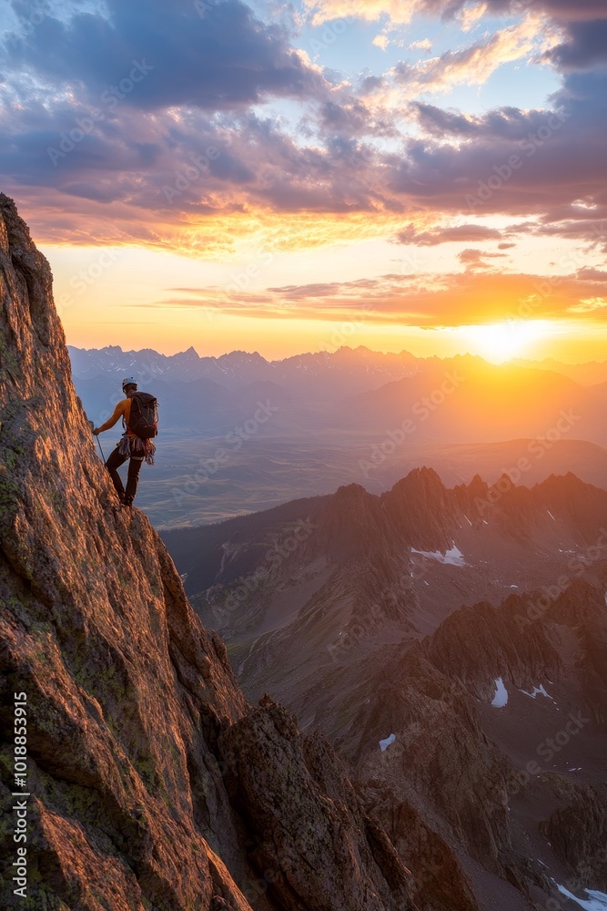 Climber ascending a rugged mountain at sunset in a breathtaking alpine landscape, capturing the beauty of nature in the golden hour Climber ascending a rugged mountain at sunset in a breathtaking alpine landscape, capturing the beauty of nature in the golden hour
