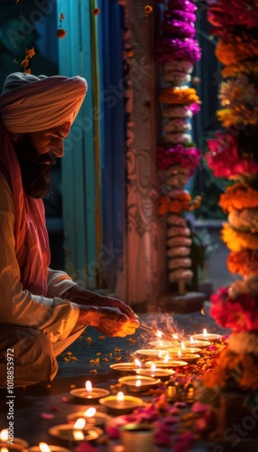 Sikh Man Lighting Candles at Home for Bandi Chhor Divas Celebration photo