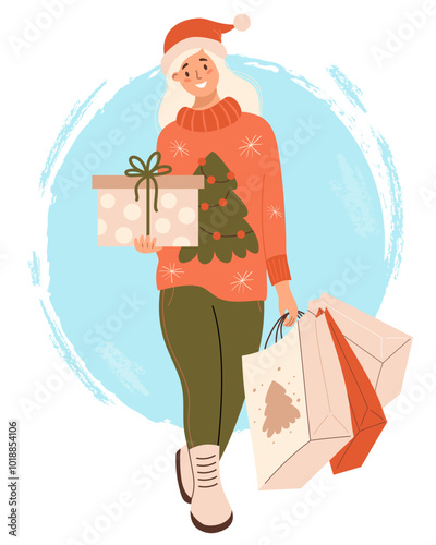Christmas Shopping, sale. Happy blonde girl in Santa hat in Xmas sweater with New year packages and gift box. Vector illustration. Holiday shopper character