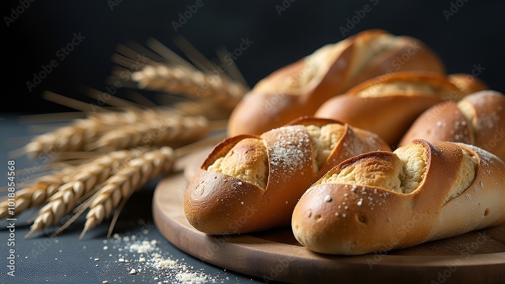 Freshly baked artisan bread laid out on a dark surface with ears of wheat. Freshly baked artisan bread laid out on a dark surface with ears of wheat.