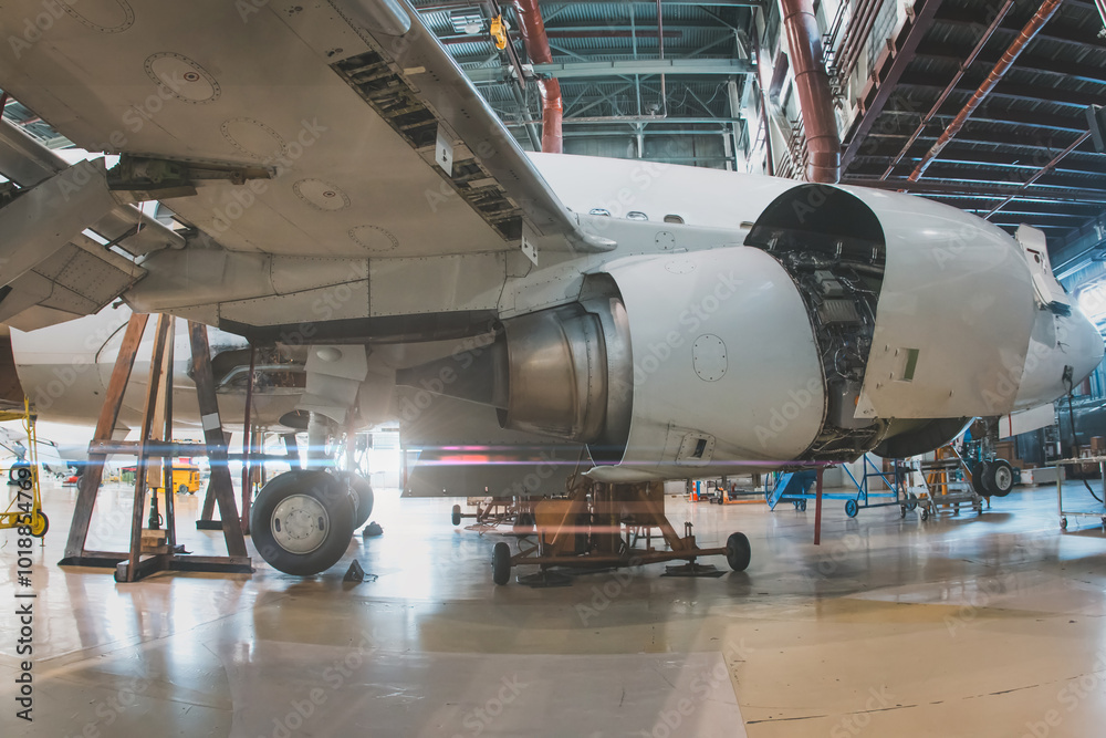 Close-up of a white passenger jet plane with its engine open in the aircraft hangar. Airliner under maintenance. Checking mechanical systems for flight operations