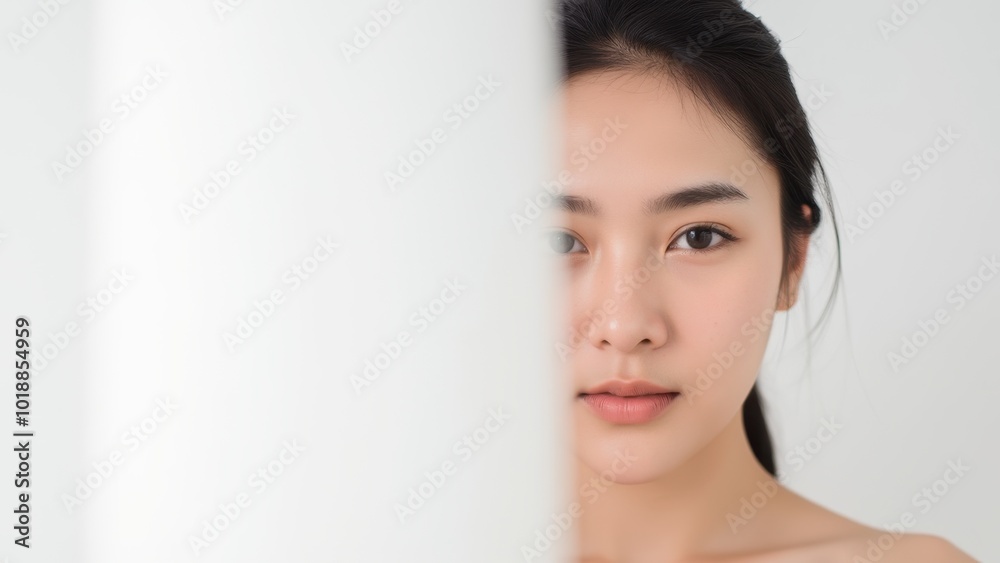 Half Face Portrait of Young Woman on Neutral Background Half Face Portrait of Young Woman on Neutral Background