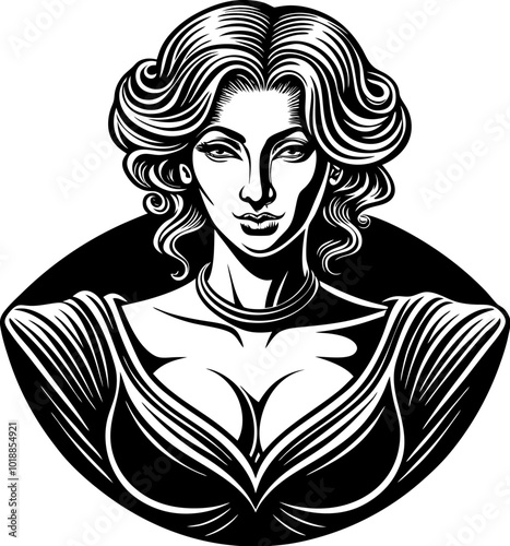 Classic woman bust avatar in engraving style. Black and white lady drawing, in vintage style