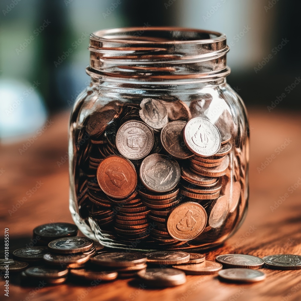 A close-up of a jar filled with coins on a wooden table, reflecting warm light. A close-up of a jar filled with coins on a wooden table, reflecting warm light.