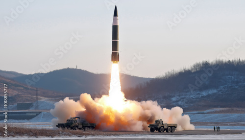 Test launch of ballistic missile in remote location base, some military vehicles near, few men overwatching from distance. Generative AI photo