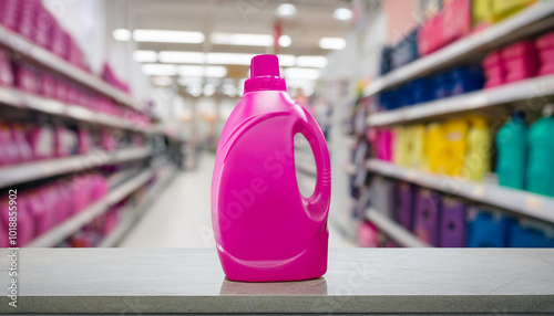 Pink detergent bottle on tabletop. Cleaning product container. Laundry concept. Mock-up. photo