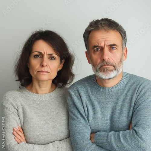 Middle-aged couple with serious expressions, wearing gray sweaters.