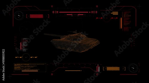 Digital Blueprint Scan of Russian Army Main Battle (MBT) T72 Ural Tank. Futuristic User Interface HUD. Military Recon 360 View. T-72B3M Ural Tank